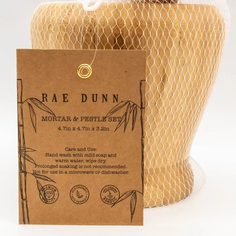 RAE DUNN Bamboo Mortar Pestle Set GRIND Farmhouse Kitchen Herb Spice Grinder NWT
